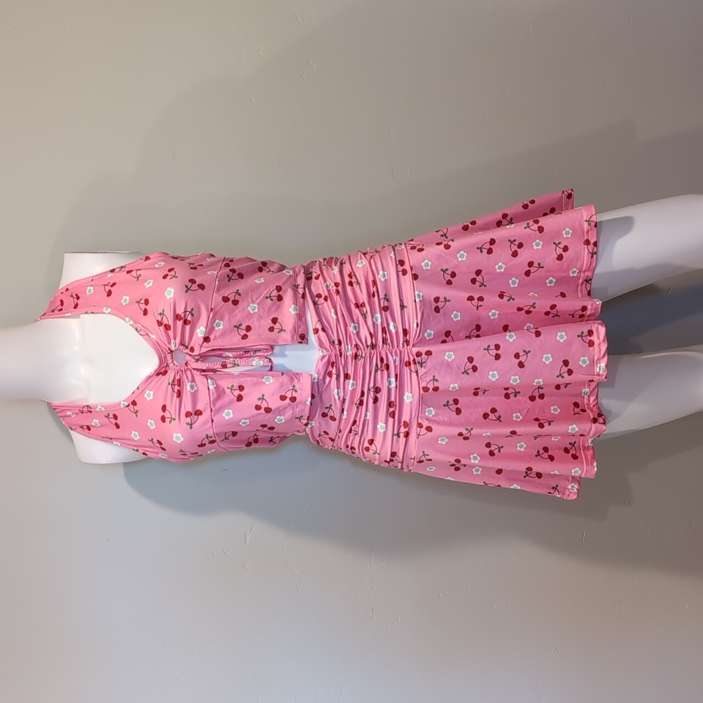 SHEIN Pink And Red Cherry Print Ruched Skirt And Halter Crop Top Set Size Medium
